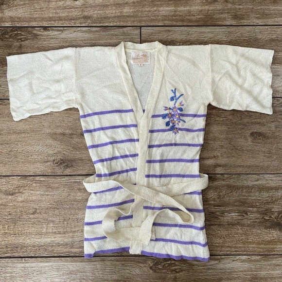 Vintage Cardigan Sweater Tie Belt Stripe Embroidered Flower Medium - Picture 2 of 9